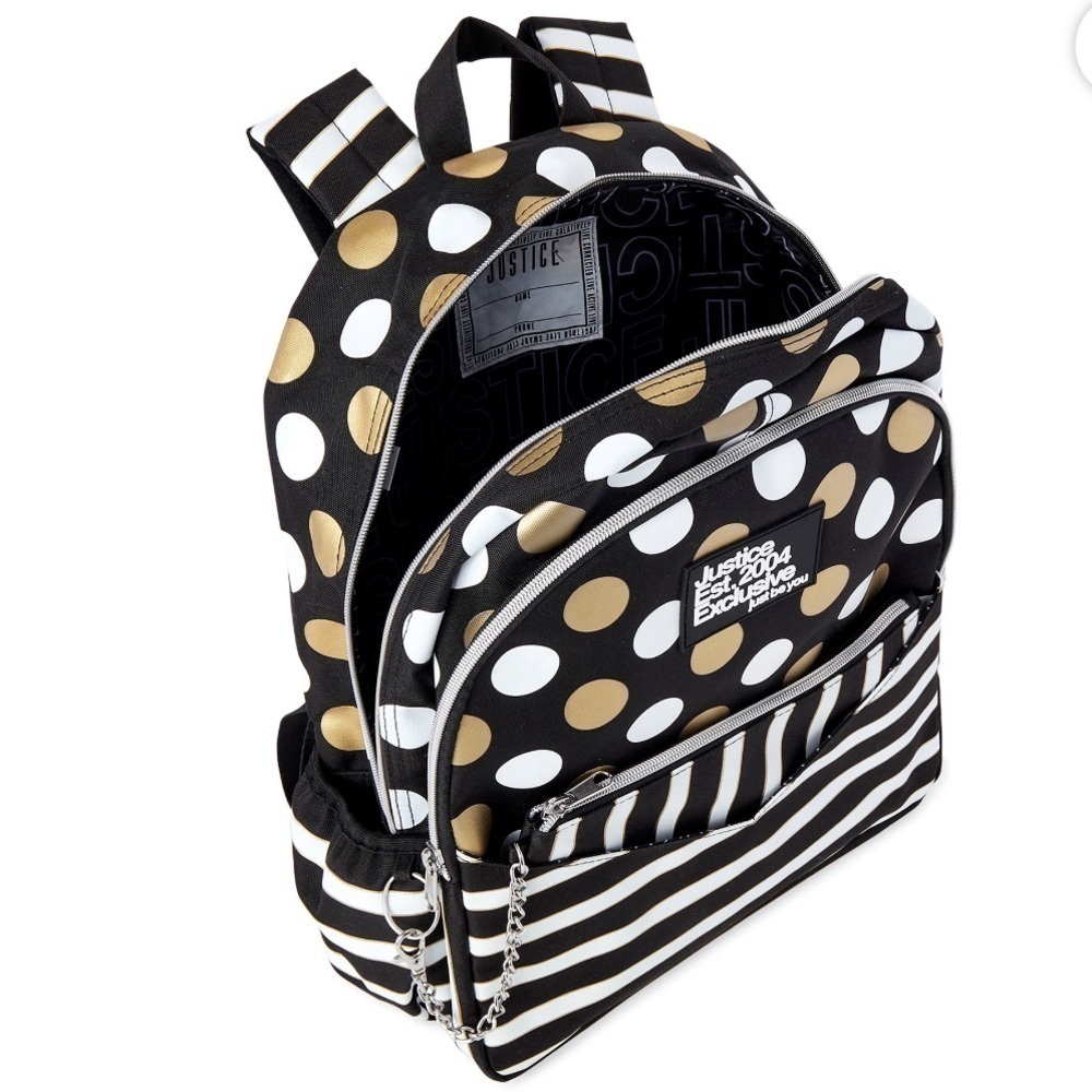 Justice  Exclusive "Just Be You" Gold & White Polka-dot & Strip Backpack bag - Picture 15 of 16